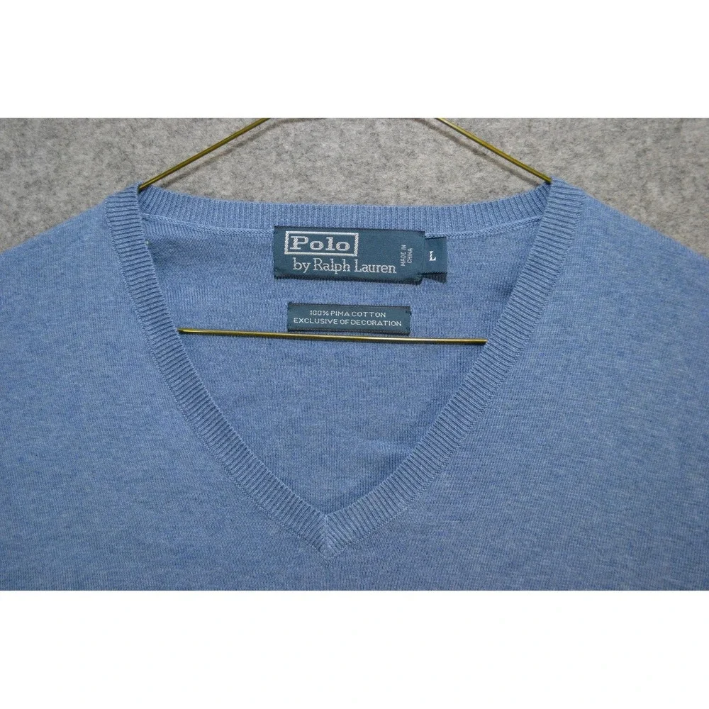 VTG Polo Ralph Lauren Sweater Mens L Blue‎ Pure Pima Cotton V Neck Knit Pullover